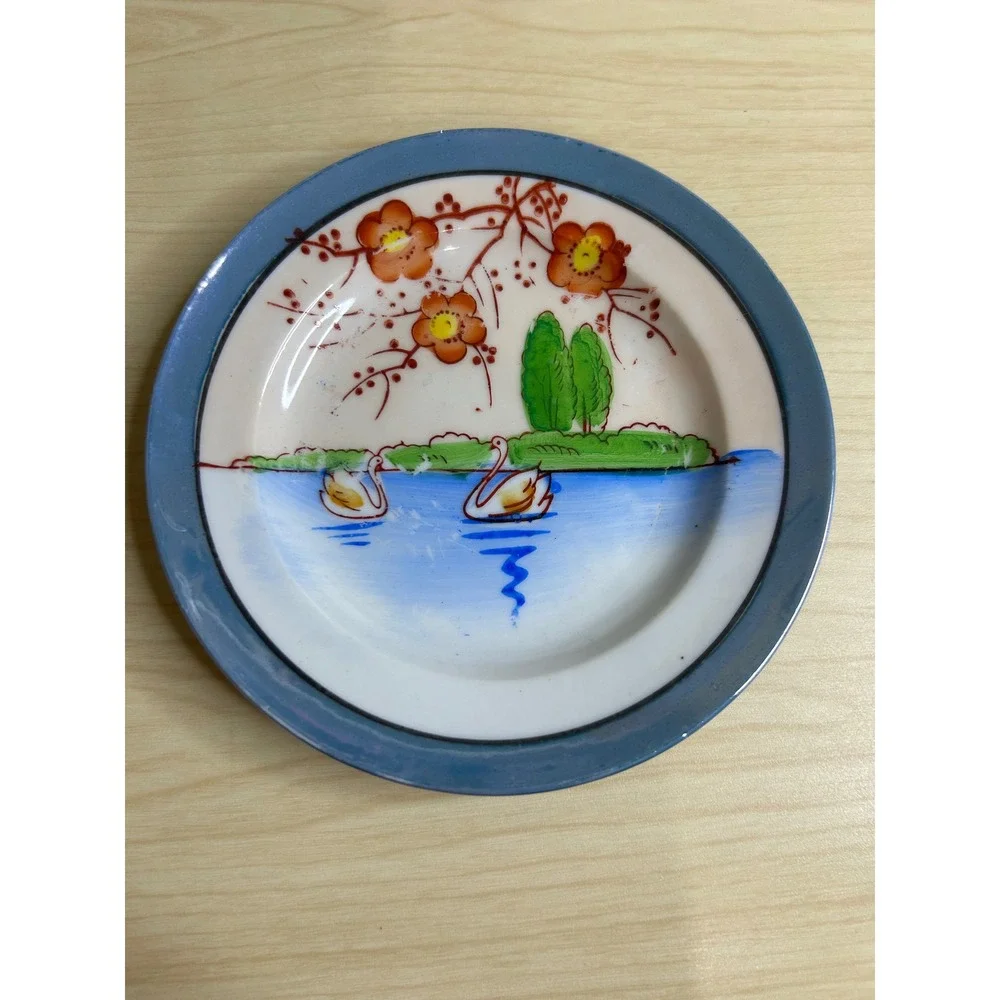 Vintage‎ Miniature Lusterware Tea Set Hand Painted Swan Landscape 17 Piece Set